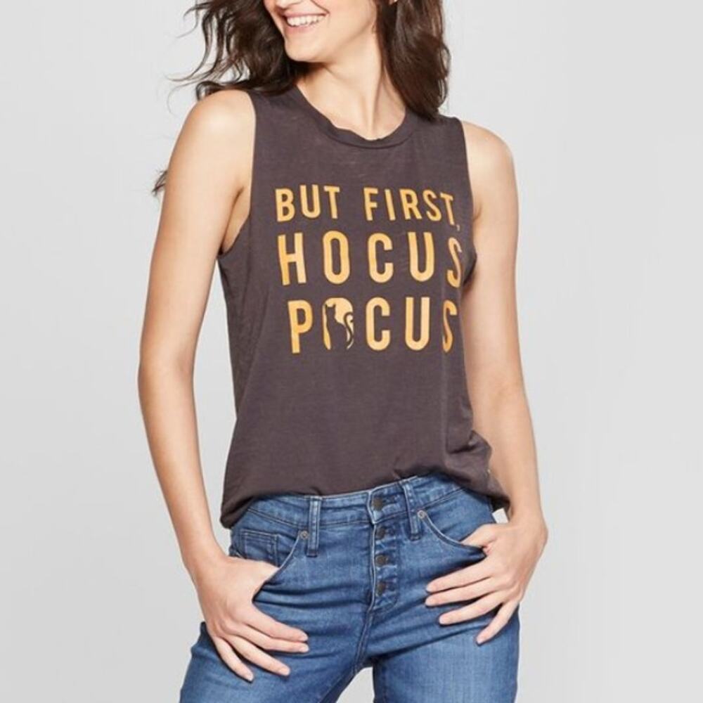 Fifth Sun But First Hocus Pocus Graphic Tank Top Scoop Neck Dark Gray Womens M